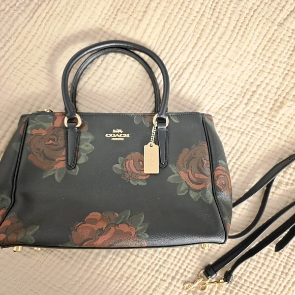 Coach Mini Surrey Carryall Black and Red Floral Satchel - Picture 2 of 9